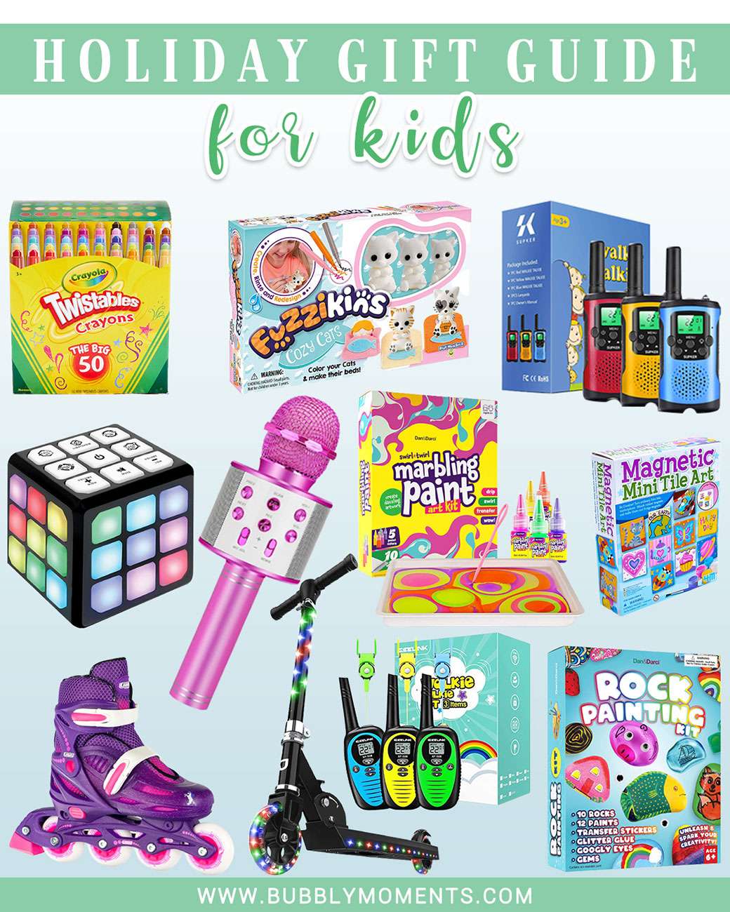 Board Games | Memory Games | Walkitalkies | Painting Kits | Skater Shoes | Roller Skates | Crayons Set | Holiday Gifts for Children | Children's toys | Unicorn Toys | Dinosaurs toys set | Scooter | Children's Christmas Gift Guides | Bubbly Moments